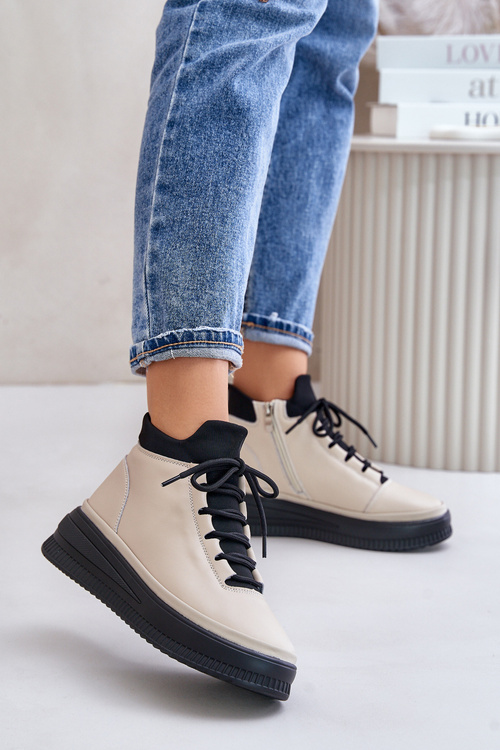 Lekkie Skórzane Buty Sportowe Na Platformie Artiker 55C0554 Beżowe