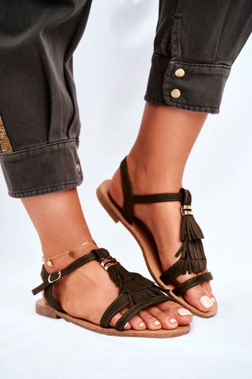 Sandały Damskie Płaskie Zamszowe Boho Oliwkowe Lucami