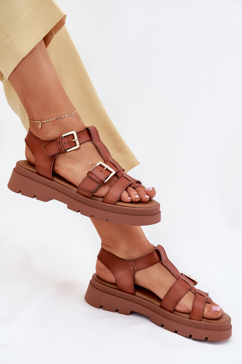 Eko Skórzane Sandały Damskie Z Klamrami Camel Mireza