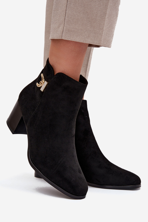 Ocieplane Botki Damskie Na Słupku Ze Złotym Detalem Czarne Renora