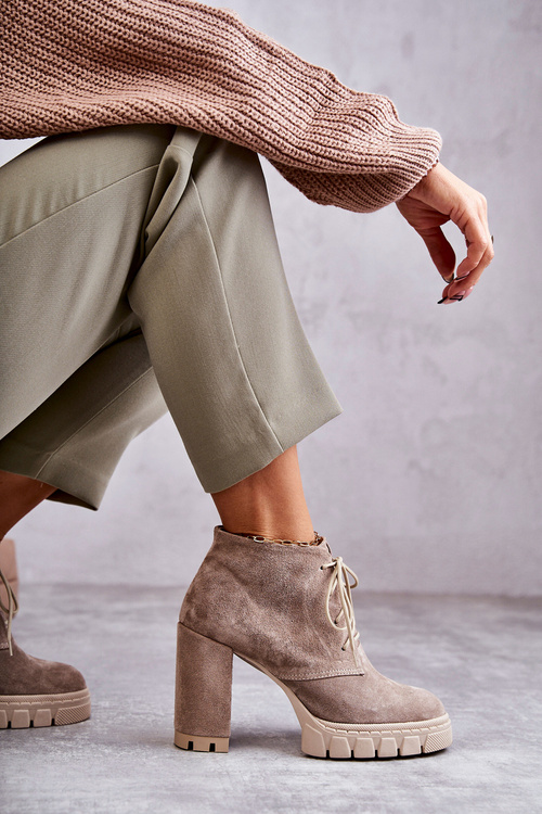 Modne Zamszowe Botki Sznurowane Beżowe Selma
