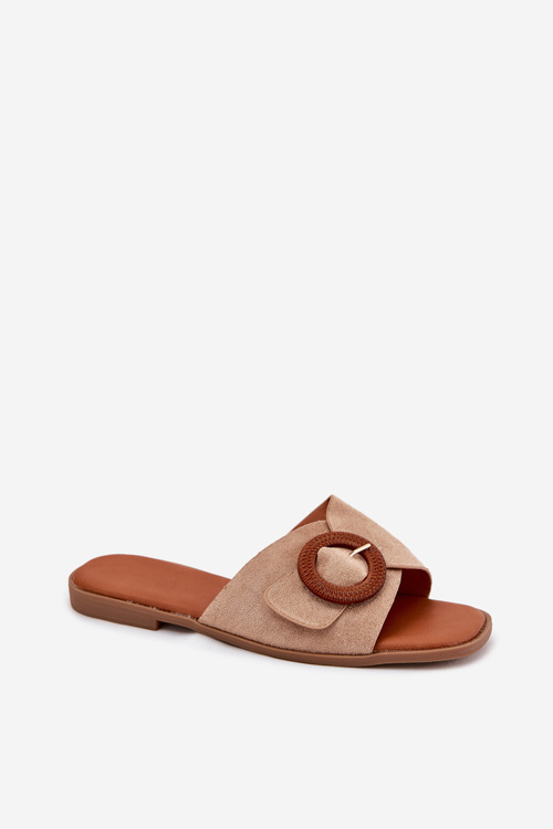 Klapki Damskie Na Płaskim Obcasie Z Klamrą Beżowe Lanoni