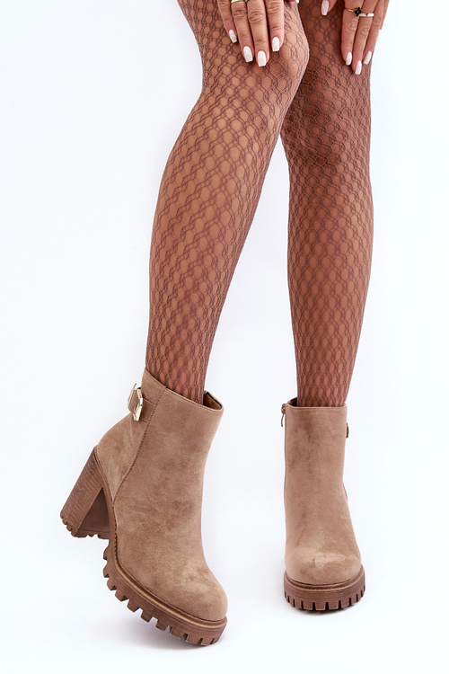 Zamszowe Damskie Botki Na Słupku Z Ozdobą Beżowe Menoria