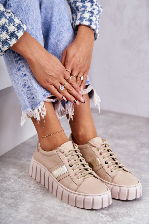 Damskie Skórzane Buty Sportowe Wiązane Beżowo-Złote Ariva