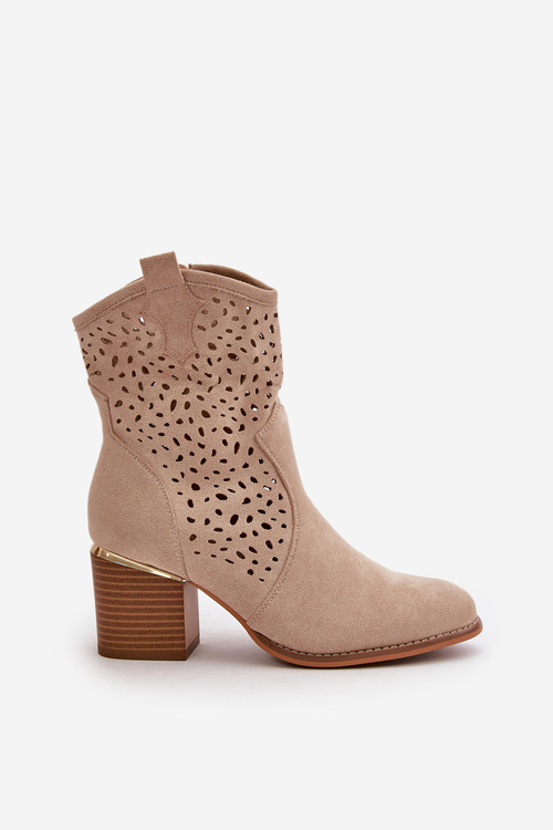 Ażurowe Botki Na Słupku Z Eko Zamszu Zapinane Na Zamek Beżowe Sevana