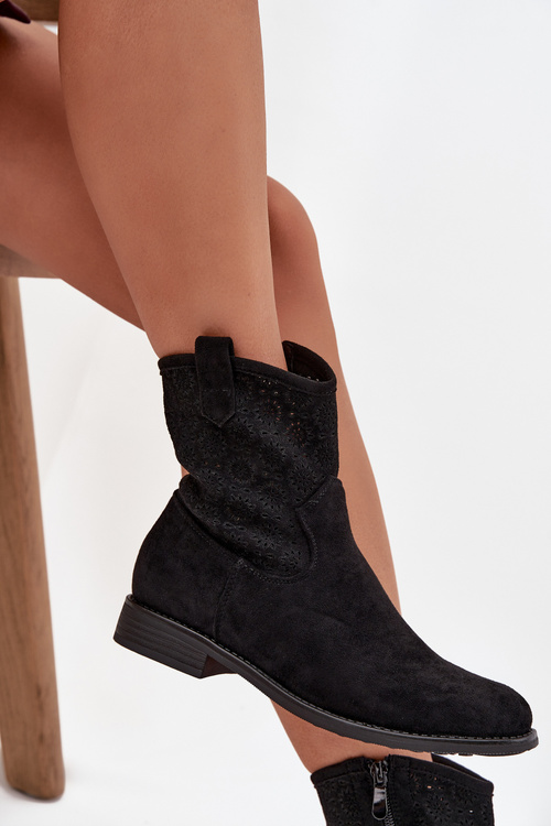 Botki Damskie Na Płaskim Obcasie Z Ażurowym Wzorem S.Barski HY52-530 Czarne