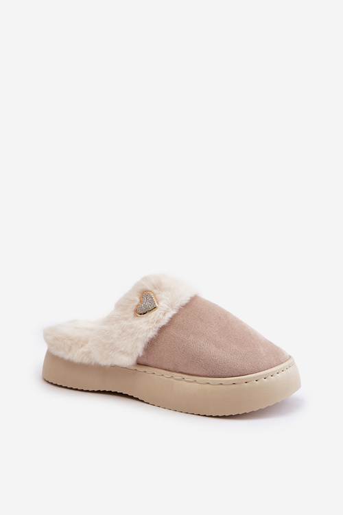 Kapcie Damskie Z Futerkiem I Ozdobnym Sercem Beżowe Otielo