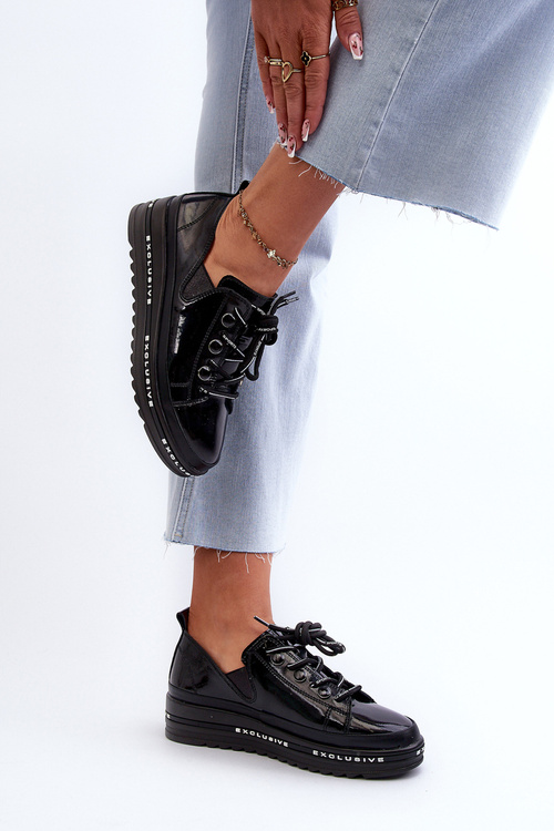 Sznurowane Półbuty Damskie Na Platformie Skóra Naturalna S.Barski LR620 Czarne