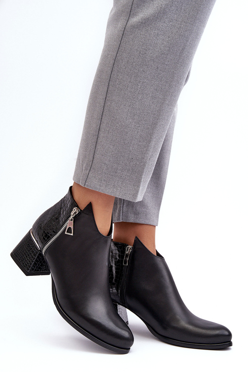 Damskie Skórzane Botki Na Niskim Słupku Zazoo 4111 Czarne