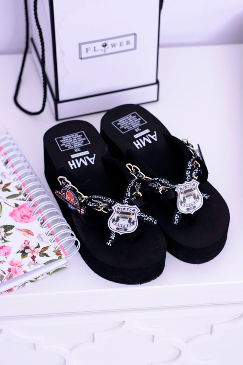 Czarne Ekstrawaganckie Klapki na Koturnie SecondShock