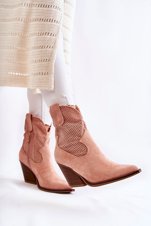 Damskie Zamszowe Ażurowe Botki Kowbojki Różowe Eleonore