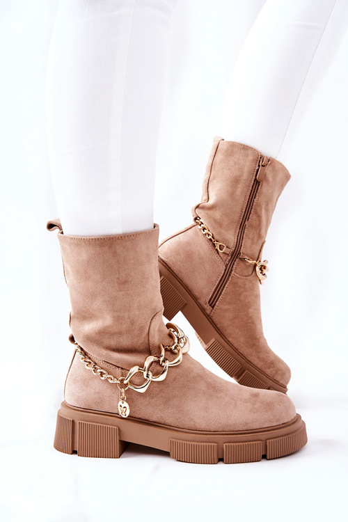 Zamszowe Botki Workery Beżowe Hellio