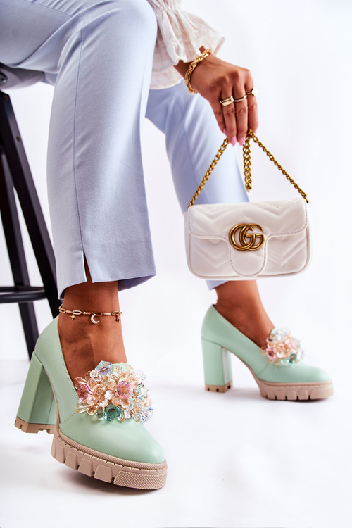 Eleganckie Czółenka Z Ozdobą Gładkie Zielone Caterine