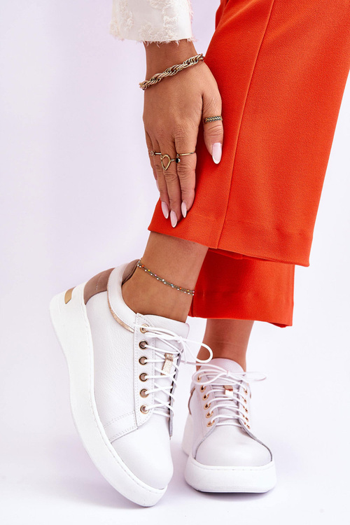 Damskie Skórzane Buty Sportowe Na Platformie Białe Caressa