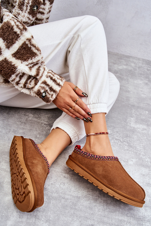 Zamszowe Damskie Papcie Z Futerkiem Camel Buffie