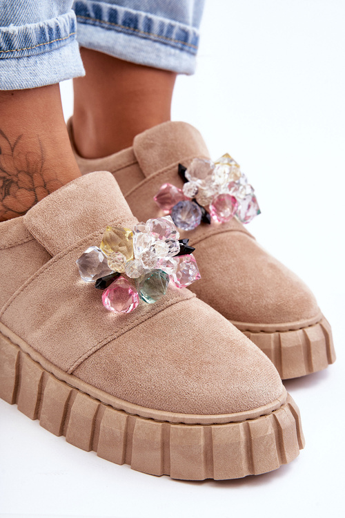 Modne Wsuwane Buty Sportowe Półbuty Z Ozdobą Ciemnobeżowe Desire