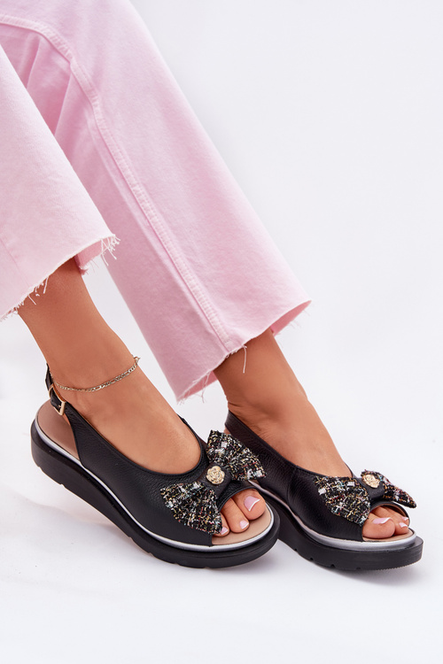 Skórzane Sandały Damskie Na Koturnie Z Kokardą Zazoo 1882 Czarne