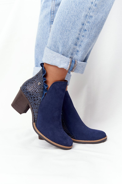 Damskie Skórzane Botki Na Słupku Maciejka Granatowe 04833-17