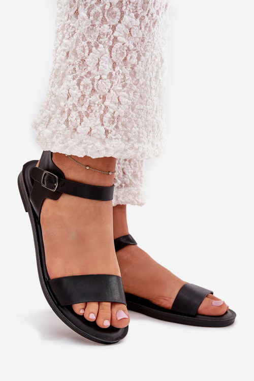 Sandały Damskie Na Płaskim Obcasie Eko Skórzane Czarne Kivara