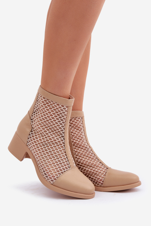 Siateczkowe Botki Damskie Na Obcasie Beżowe Lithyia