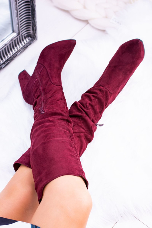 Kozaki Damskie Na Obcasie W Szpic Zamszowe Bordowe Nightcall