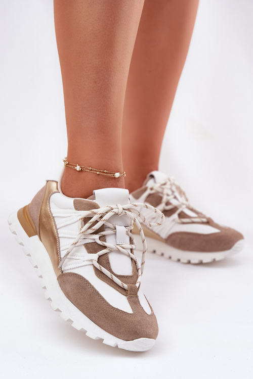 Skórzane Półbuty Sneakersy Damskie Artiker 56C1738 Beżowo-Złote