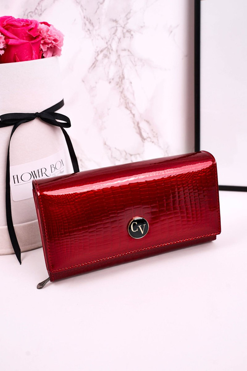 Duży Skórzany Portfel Damski CAVALDI Lakierowany Czerwony