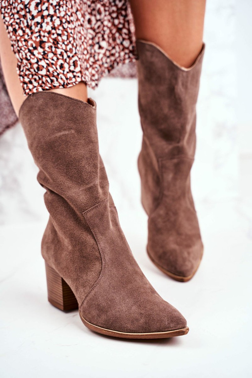 Botki Damskie Na Obcasie Skóra Nubuk Cappuccino Nicole 2580