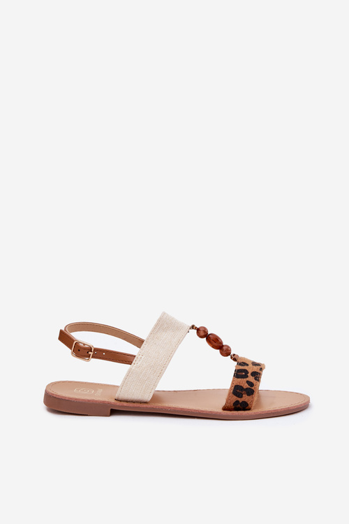 Płaskie Sandały Damskie Z Koralikami Panterka Brązowe Virona