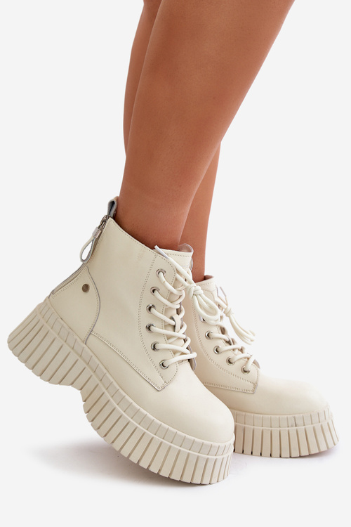 Ocieplane Skórzane Botki Trapery Na Masywnej Podeszwie GOE OO2N4127Jasnobeżowe