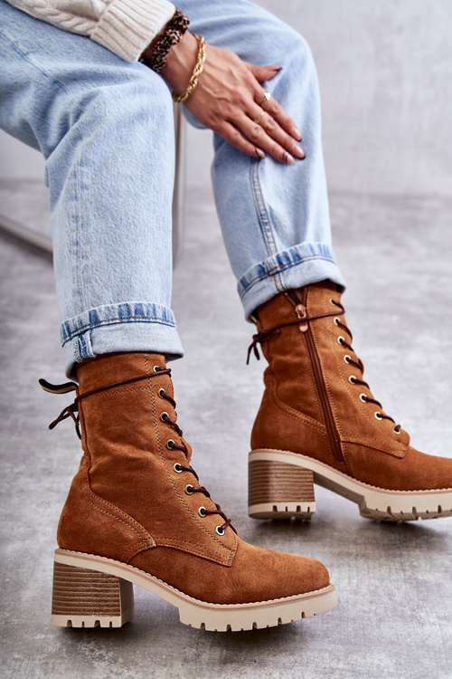 Damskie Ocieplane Botki Trapery Na Obcasie Camel Julieta