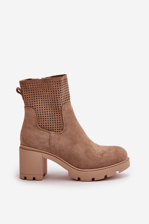 Botki Damskie Na Słupku Zapinane Na Zamek Eko Zamszowe Beżowe Rashmi