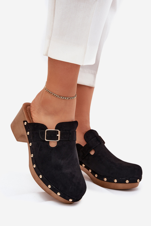 Klapki Chodaki Damskie Na Obcasie Z Klamrą Czarne Veldexina