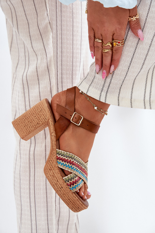 Skórzane Sandały Na Słupku Z Plecionką Na Paskach Zazoo 40460 Brązowe