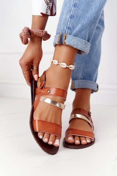 Płaskie Sandały Damskie Brązowo-Złote Doris