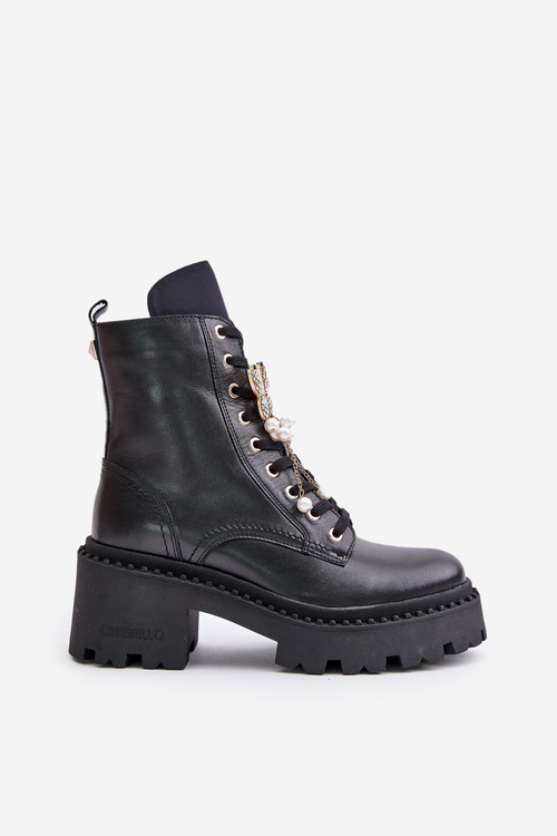 Skórzane Botki Workery Damskie Z Motylem Czarne CheBello 4590