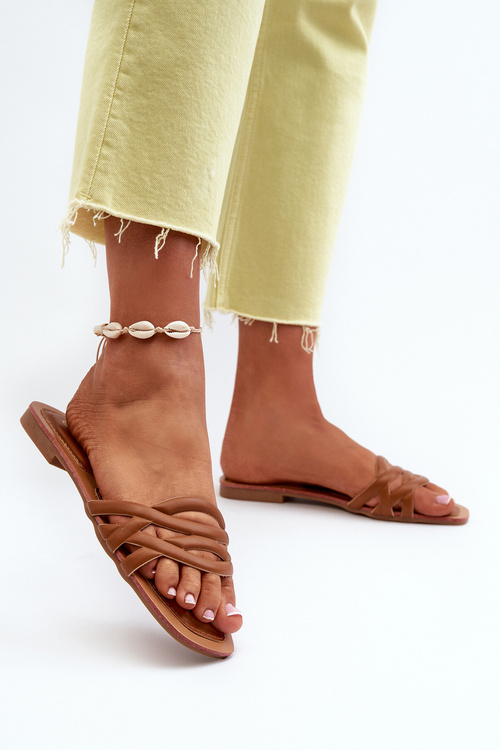 Klapki Damskie Eko Skórzane Na Płaskim Obcasie Brązowe Moldela