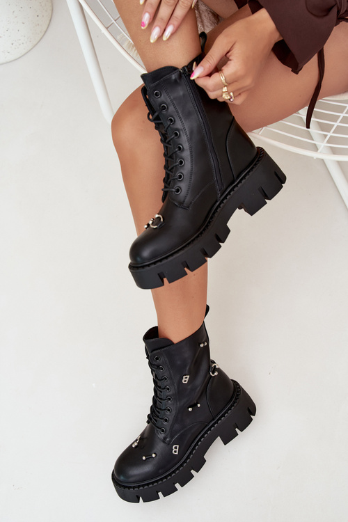 Botki Workery Damskie Z Ozdobami Ocieplane Czarne Lunea