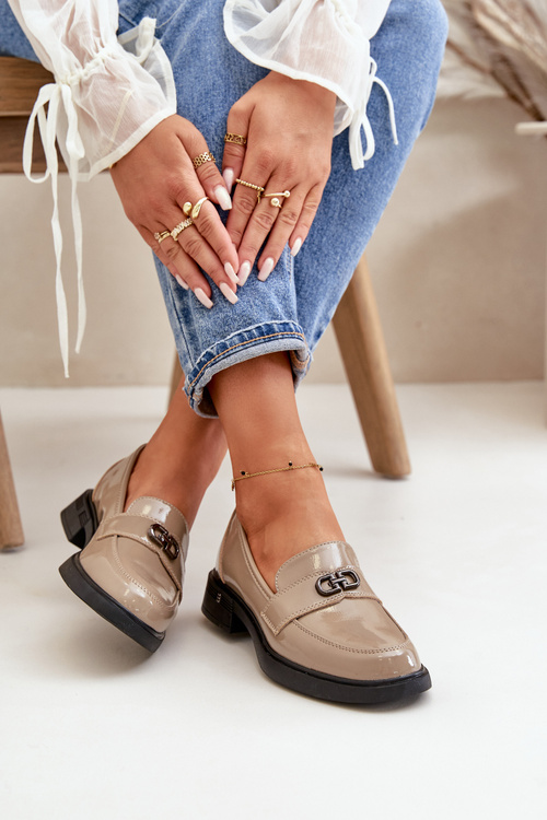 Lakierowane Mokasyny Damskie Ze Skóry Naturalnej Khaki Vinceza 58409