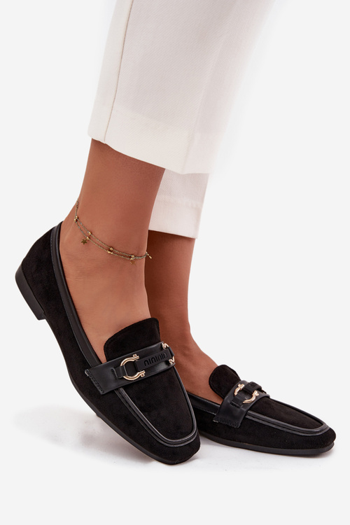 Mokasyny Loafersy Damskie Z Ozdobnym Elementem Czarne Evelora