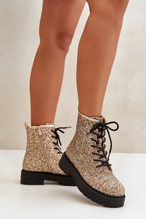 Ocieplane Botki Workery Damskie Ozdobione Cekinami Złote Liatheine