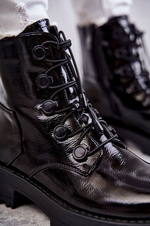 Damskie Lakierowane Ocieplane Botki Ze Ściągaczem Czarne Helia