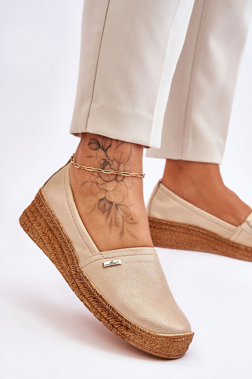 Damskie Skórzane Espadryle Na Koturnie Beżowo-Złote Lemar Hadlee