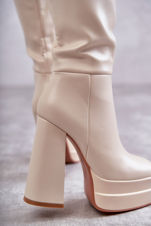 Modne Skórzane Kozaki Na Masywnym Obcasie Beżowe Meggie