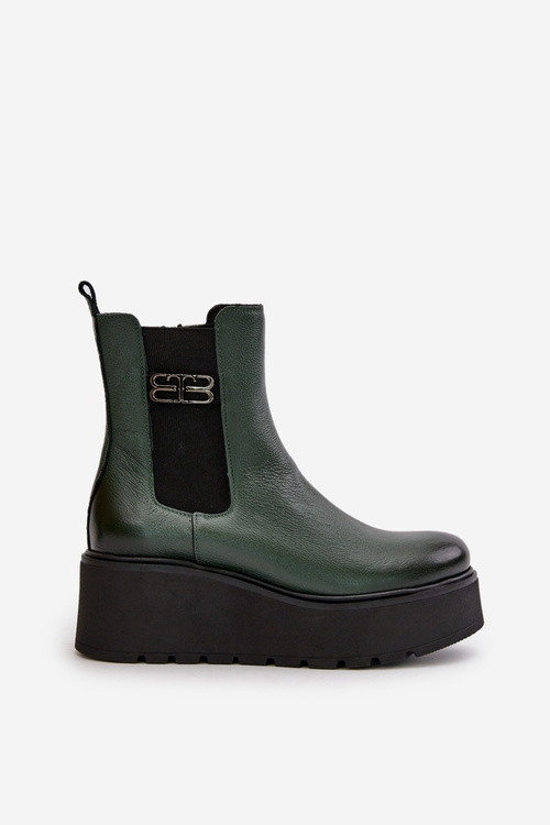 Zazoo 60498 Damskie Skórzane Botki Sztyblety Na Platformie I Koturnie Ciemnozielone