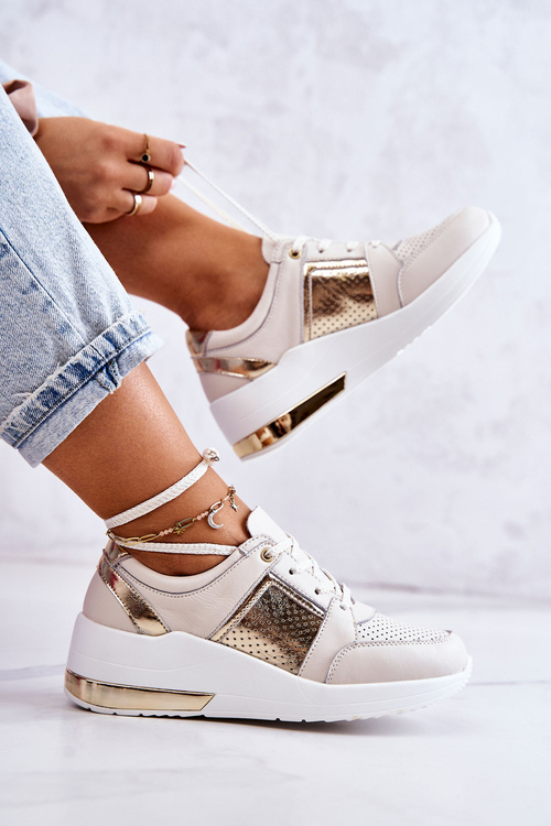 Damskie Skórzane Buty Sportowe Na Koturnie Beżowo-Białe Larson