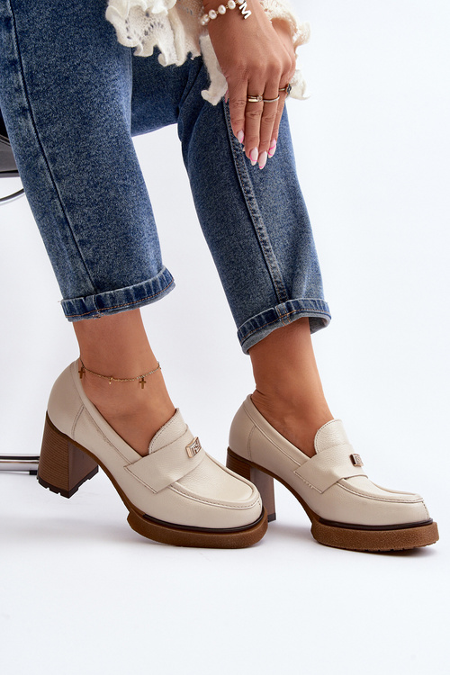 Zazoo 20169 Skórzane Półbuty Na Obcasie Beżowe