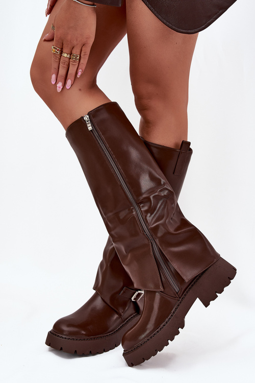 Ocieplane Kozaki Z Wywiniętą Cholewką I Klamrą Czekoladowe Fiorae