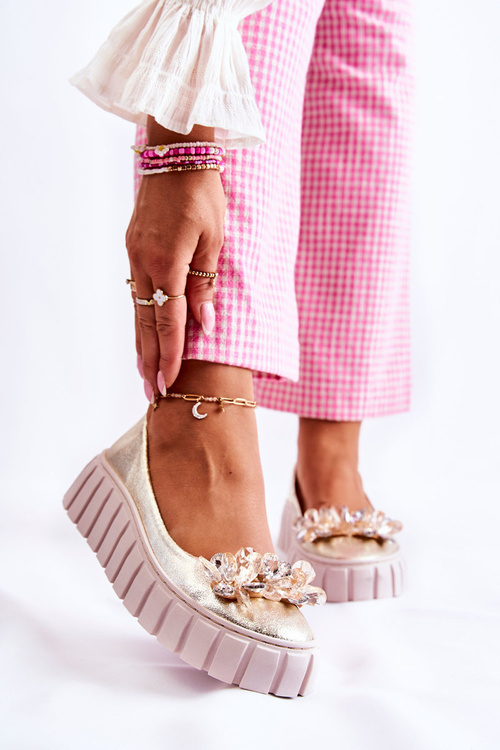 Skórzane Baleriny Na Platformie Z Ozdobą Złote Ladette