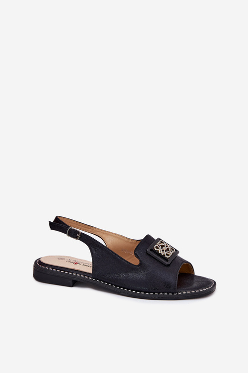 Eleganckie Sandały Damskie Na Płaskim Obcasie Z Ozdobą S.Barski KV51-082 Czarne